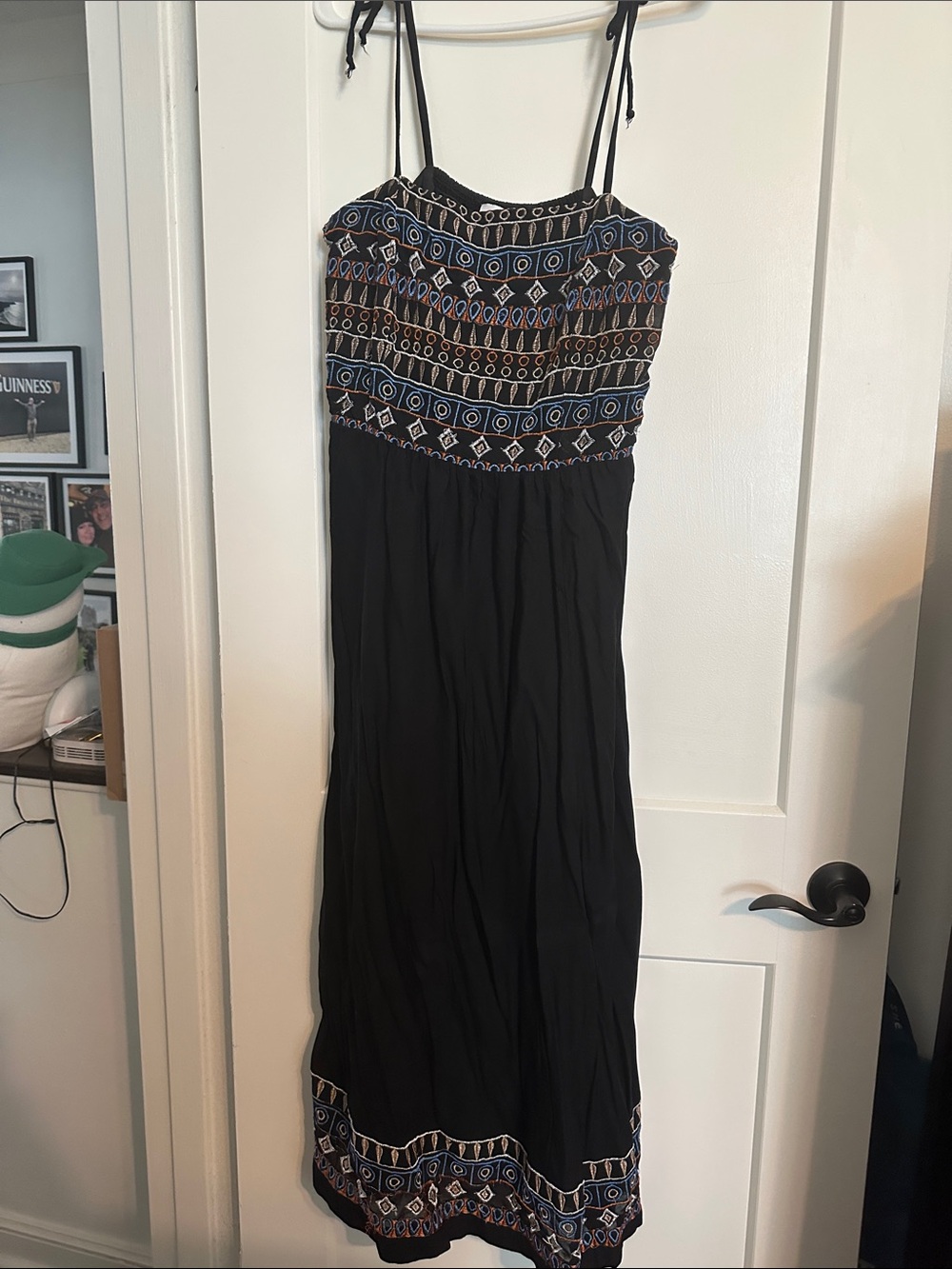 New York & Company Black Maxi Dress with Blue and Brown Embroidered Bodice